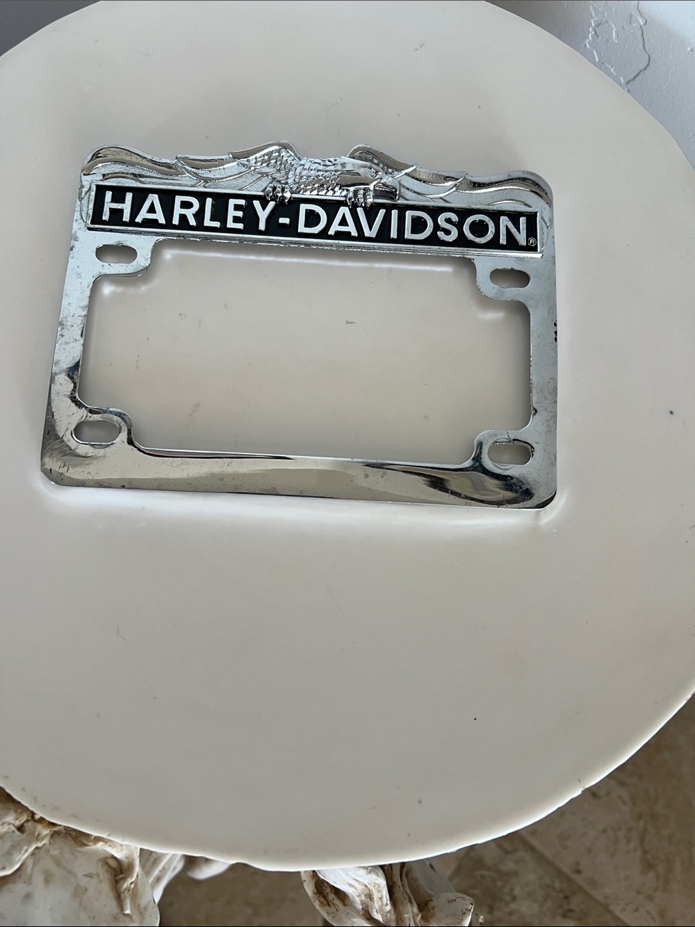 Harley-Davidson Chrome Frame with Black Logo and Eagle Motif